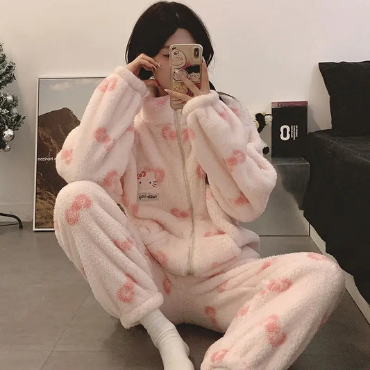 Kawaii Hello Kitty Coral Velvet Pajamas Polka Dot Pajamas Sweet 2Pcs Beautiful Girl Long-Sleeved Tops Warm Casual Home Wear Set