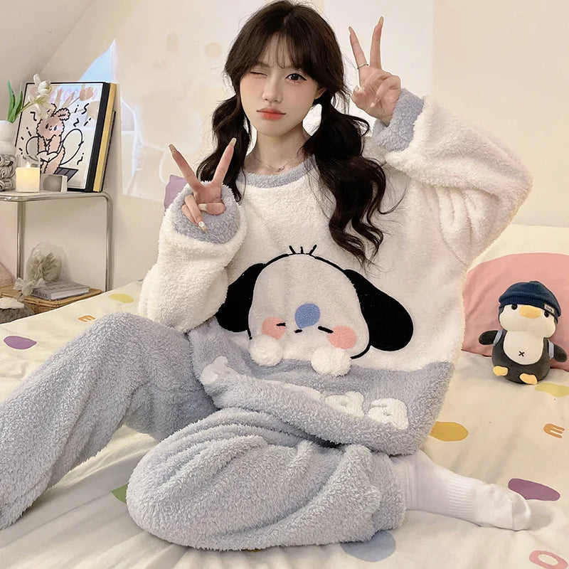 Kawaii Hello Kitty Pajama Suit Long-Sleeved Warm Tops Girl Sweet Pants Thickened Cute Round Neck Pullover Casual Home Wear Suit