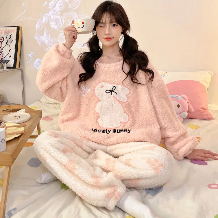 Kawaii Hello Kitty Pajama Suit Long-Sleeved Warm Tops Girl Sweet Pants Thickened Cute Round Neck Pullover Casual Home Wear Suit