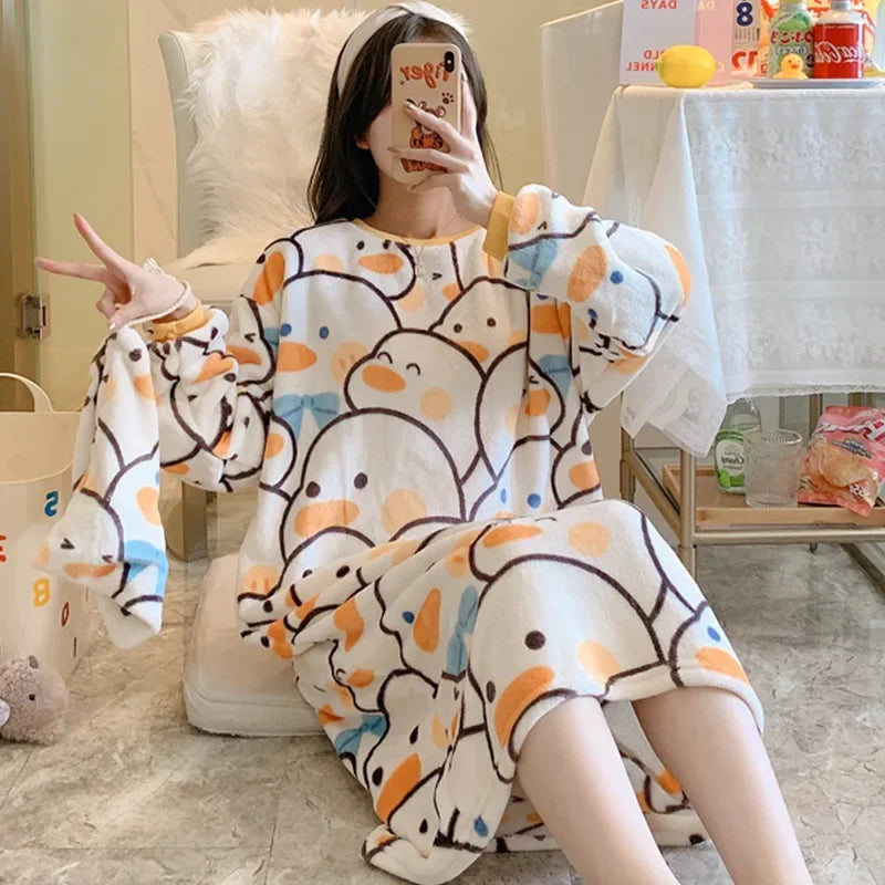 100kg Large Size Winter Flannel Nightgown Women Korean Student Cartoon Coral Velvet Sleepwear Long Sleeve Thick Warm Home Dress