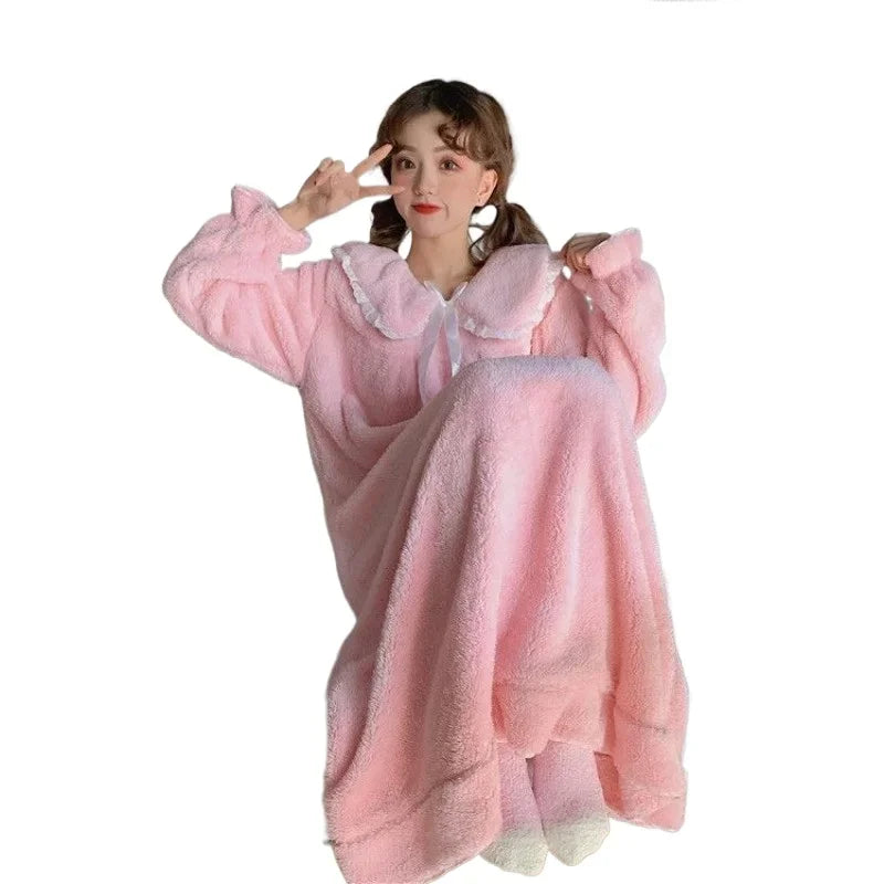 Thickened Warm Coral Velvet Nightgown Female Autumn and Winter One-Piece Pajamas Student Homewear Solid Sleepwear Loungewear