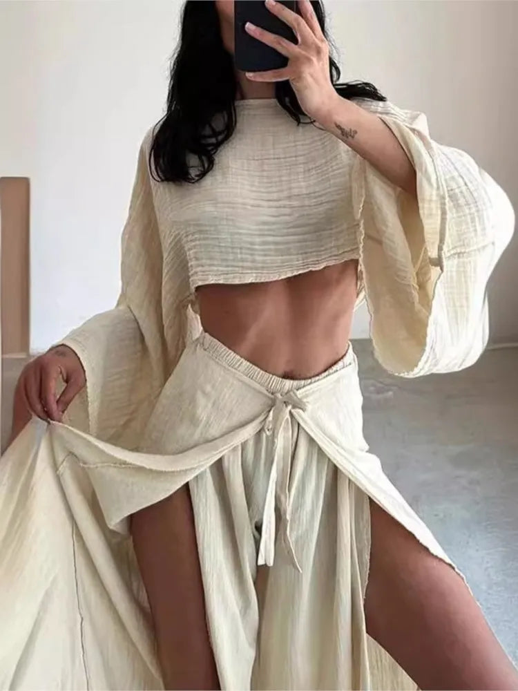 Spring Summer New Pants Sets Women Fashion Loose Cropped Top And Leace-up Slit Wide Leg Trousers Two Piece Set Trendy Streetwear