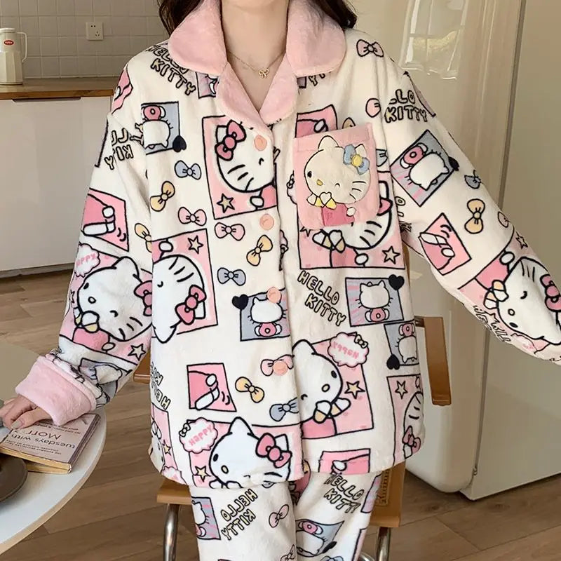 Kawaii Hello Kitty Coral Velvet Pajamas Set, Y2K Cartoon, Long-Sleeved Sanrio Tops, Cute Casual Warm Home Clothes Set, Hot