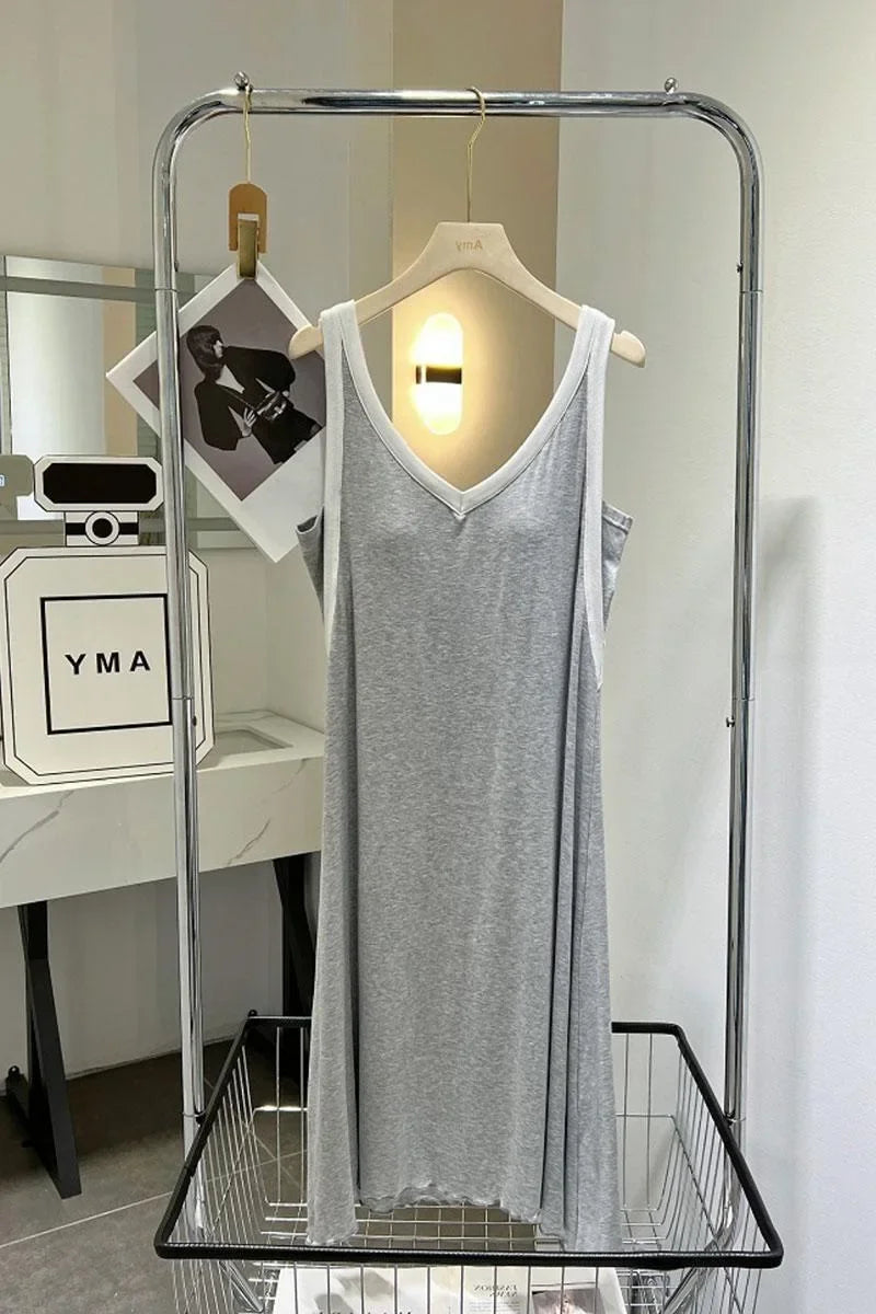 150kg Extra Large Size Loose Home Dress Women's Summer Padded Nightgown Long Loungewear Solid Sleeveless V-neck Vest Pajamas