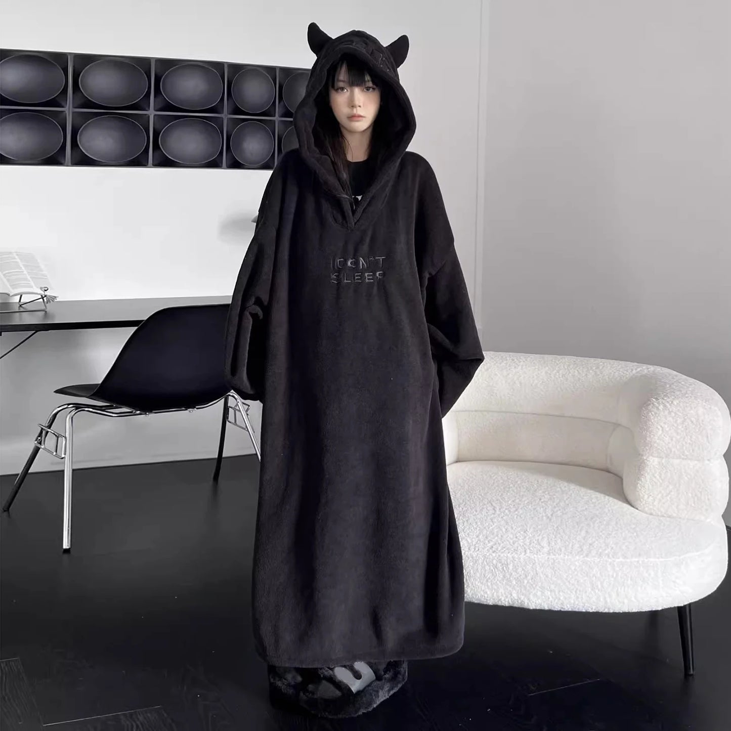 Thickened padded pajamas Solid color Homewear Loose oversized hooded Dresses Imp couple robe Fall and winter one-piece Sleepwear