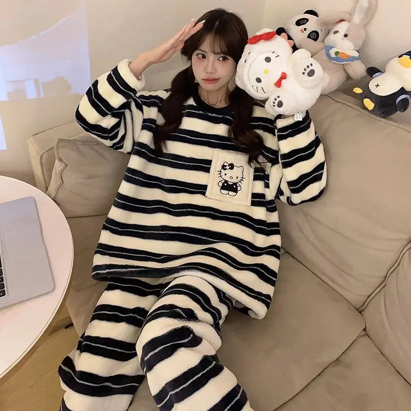 Kawaii Hello Kitty Striped Pajamas Girls Thickened Long-Sleeved Tops Pants Coral Velvet Cute Loose Pajamas Casual Home Wear Set