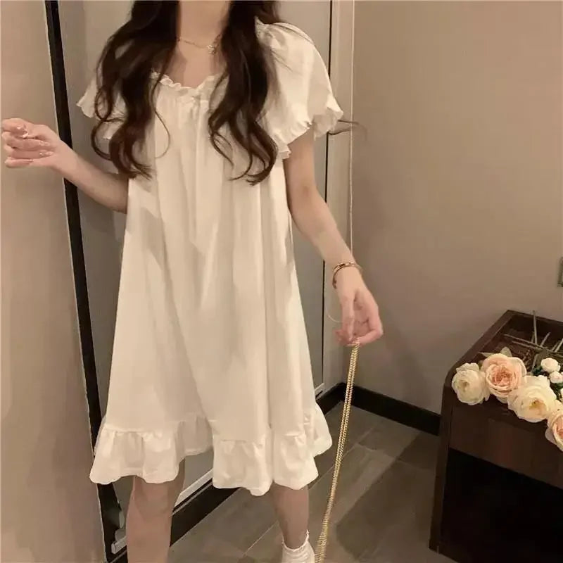 White Night Dress Women Korean Style Ruffles Pajamas Long Sleeve Solid Night Wears for Women Loose Nightgown for Sleep Ladies