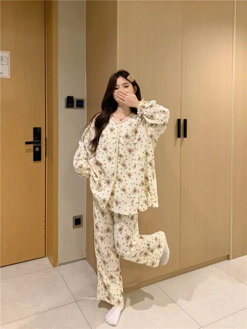 2024 New Sweet Spring Women Home Suits Female Lace Trim Cute Pajamas Sets Girls Cartoon Long Sleeves Trousers Simple Nightwear