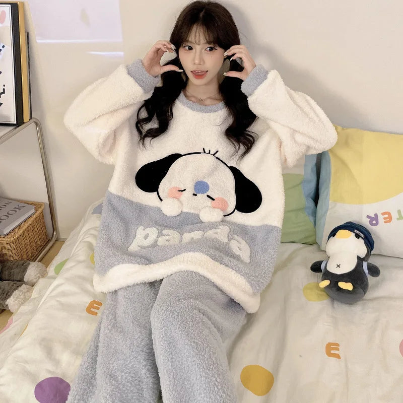 Kawaii Hello Kitty Pajama Suit Long-Sleeved Warm Tops Girl Sweet Pants Thickened Cute Round Neck Pullover Casual Home Wear Suit