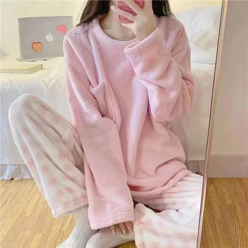 2piece Sets Autumn Women Pajamas Set Warm Thicken Velvet Ribbed Fleece Set Pullover And Pants Women Casual Pajama Sets Home Suit