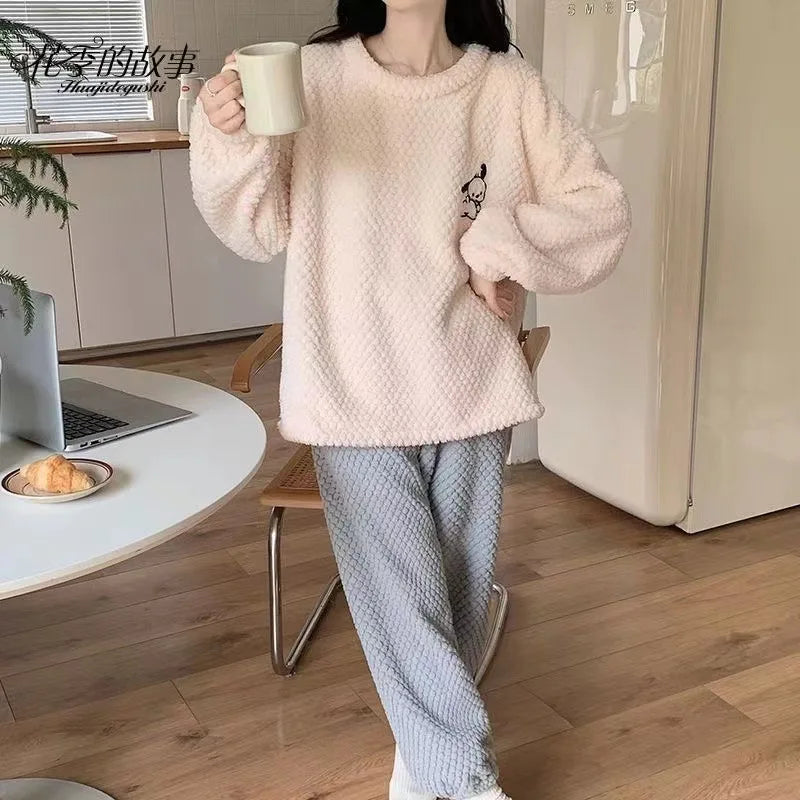 Hot Kawaii Pochacco Pajamas Pajamas Girls Tops Hello Kitty Round Neck Pullover Long Sleeve Trousers Sweet Warm Casual Home Wear