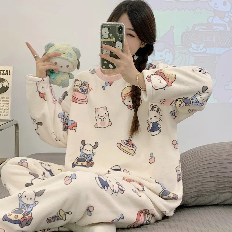 Hot Kawaii Hello Kitty Pajamas Long-Sleeved Tops Girls Cartoon Flannel Pajamas Sweet Cute Plush Casual Home Wear Set Trousers