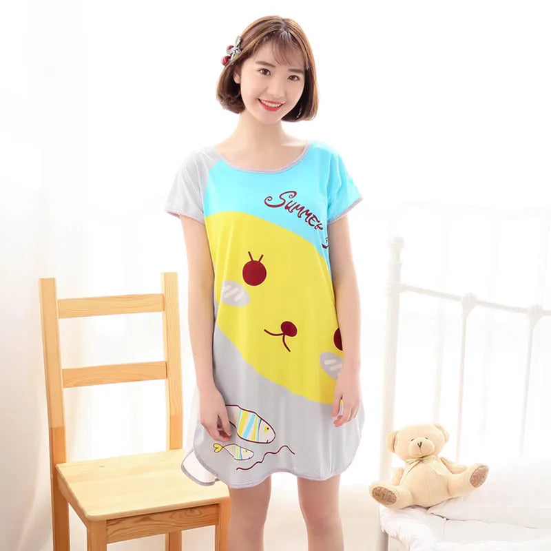 Women Printed Cartoon Sexy Sleepwear Round Neck Lingerie Cute Nightdress One Piece Thin Summer Female Pajamas Nighty Home Wear