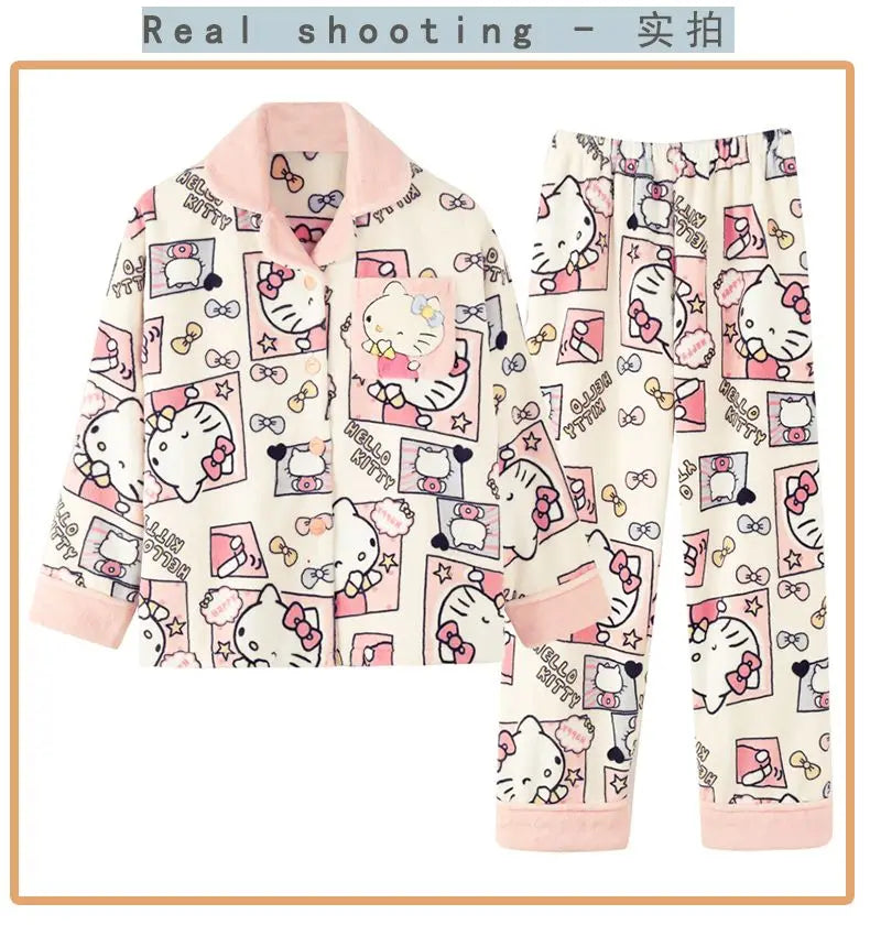 Kawaii Hello Kitty Coral Velvet Pajamas Set, Y2K Cartoon, Long-Sleeved Sanrio Tops, Cute Casual Warm Home Clothes Set, Hot