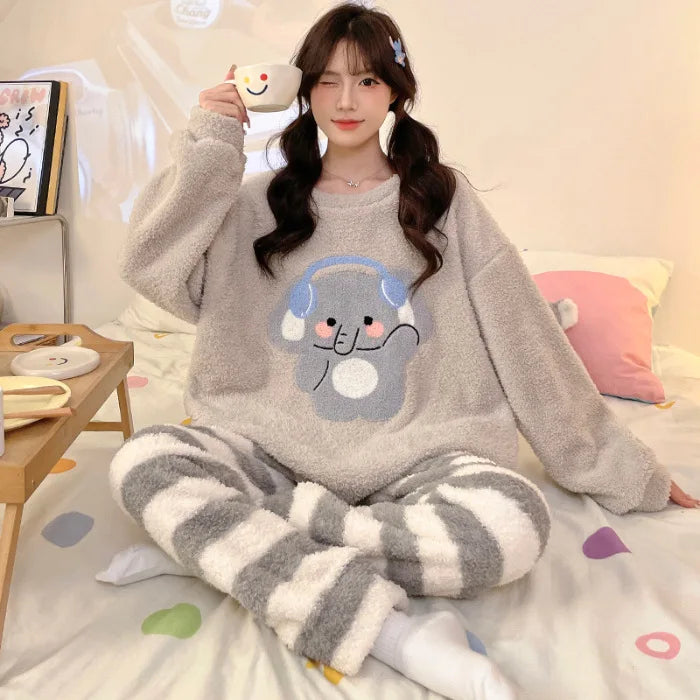 Kawaii Hello Kitty Pajama Suit Long-Sleeved Warm Tops Girl Sweet Pants Thickened Cute Round Neck Pullover Casual Home Wear Suit