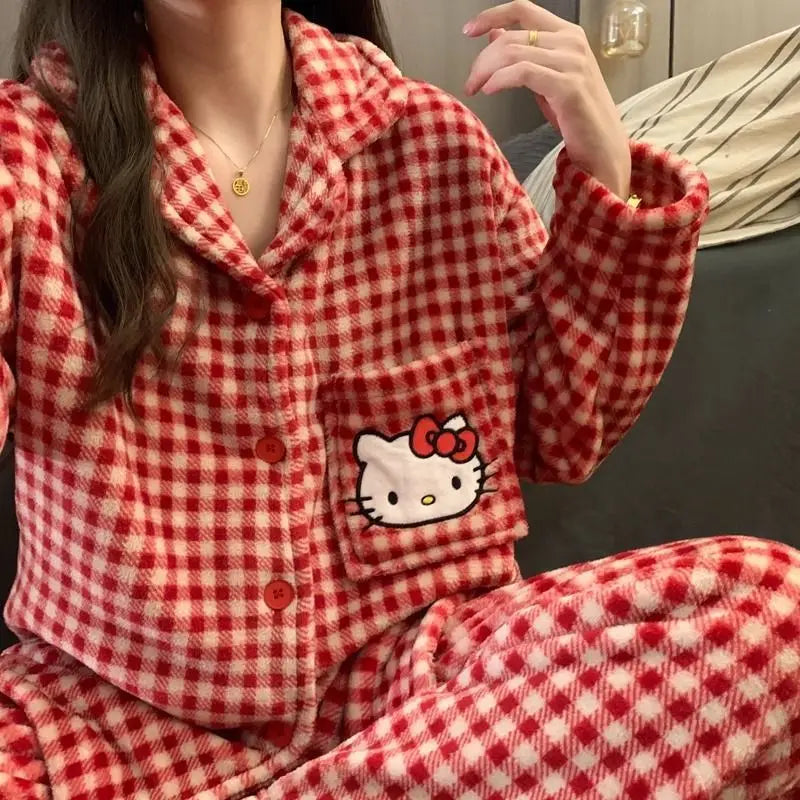 Kawaii Hellokitty Pajamas Girls Tops Autumn and Winter Coral Velvet Pajamas Red Plaid Cartoon Pants Casual Wear Home Clothes Set