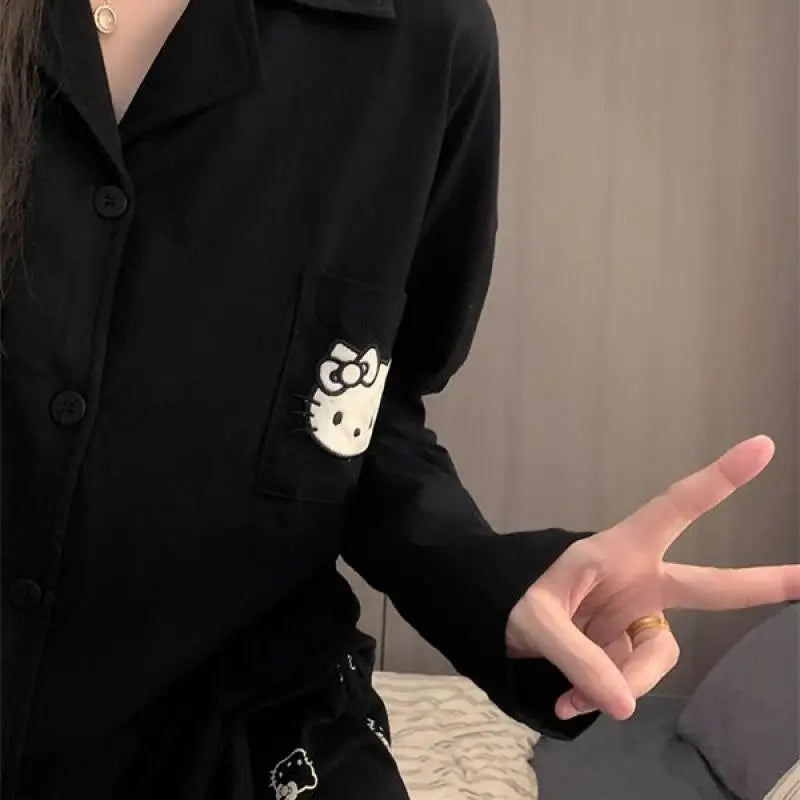 Sanrio Cardigan Leisure Time V-Neck Pajama Set Kawaii Hello Kitty Comic Lovely Spring and Autumn Student Leisure Wear Fashion