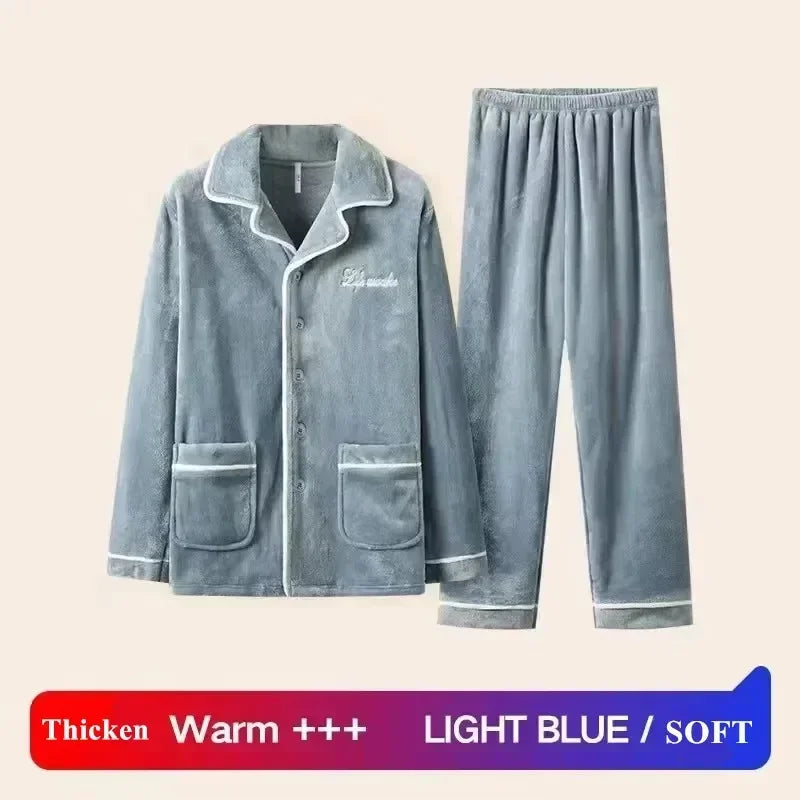 Autumn Winter Long Sleeve Thicked Warm Flannel Pajama Sets for Men Cozy Coral Velvet Sleepwear 2 Pieces Man Lounge Homewear Suit