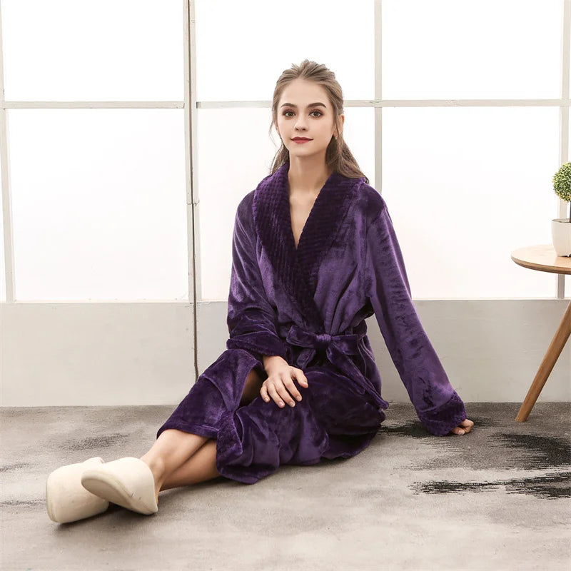 Night Dress Women Bathrobe Flannel Robe Women's Winter Lengthened Coralline Plush Shawl Bathrobe Long Sleeved Warm Bath Robe Men