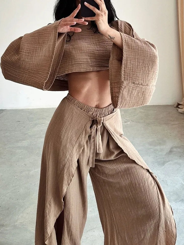 Spring Summer New Pants Sets Women Fashion Loose Cropped Top And Leace-up Slit Wide Leg Trousers Two Piece Set Trendy Streetwear