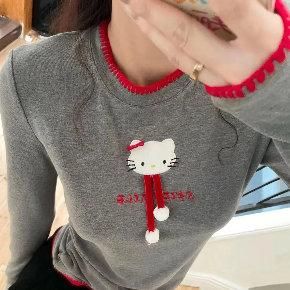 Hot Kawaii Hello Kitty Sweet Cute Sweatshirt Girl Long-Sleeved T-Shirt Sanrio Hot Girl Cartoon Slim Casual Sports Versatile Tops