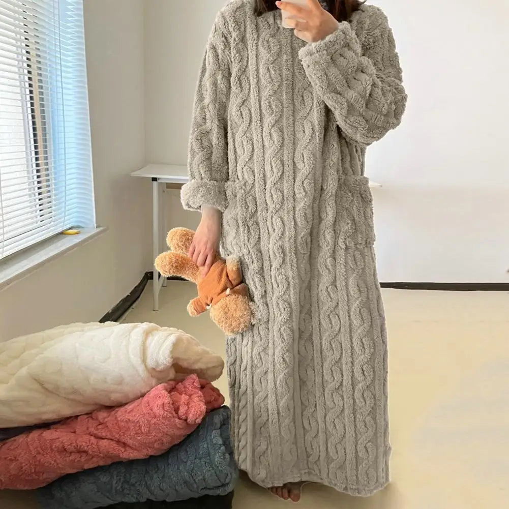 Winter Nightgown Thick Coral Fleece Loose Pockets Warm Women Pajama Dress Twisted Texture Thermal Homewear Lady Nightdress