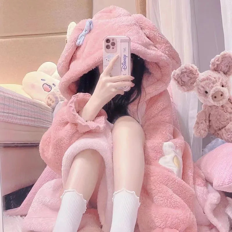 Hot Kawaii Sanrio Cartoon Pajamas Hello Kitty Girls Velvet Nightgown Couple Sweet Long Bathrobe Nightgown Casual Home Wear Set