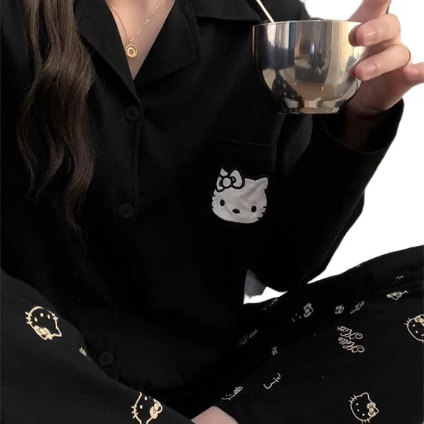 Sanrio Cardigan Leisure Time V-Neck Pajama Set Kawaii Hello Kitty Comic Lovely Spring and Autumn Student Leisure Wear Fashion