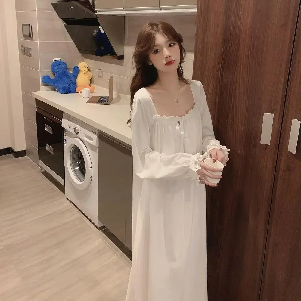 White Night Dress Women Korean Style Ruffles Pajamas Long Sleeve Solid Night Wears for Women Loose Nightgown for Sleep Ladies