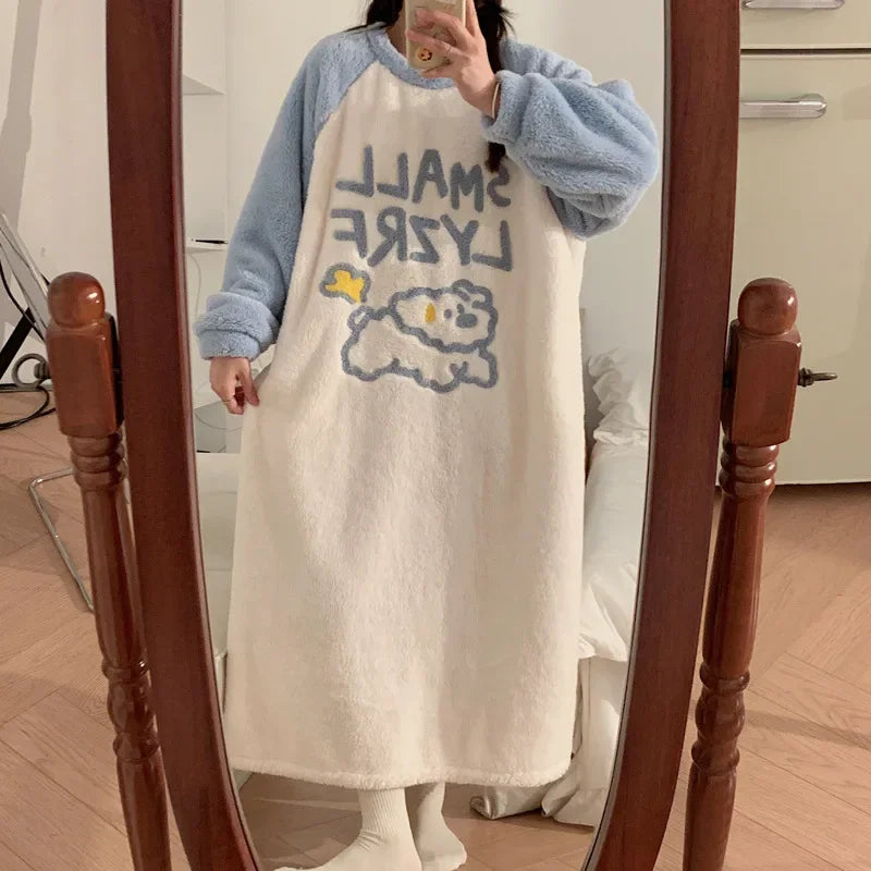 Large Size Coral Fleece Nightdress Women Winter Fleece-lined Thickened Pajamas Cartoon Flannel Home Clothe Can Be Worn Outsides