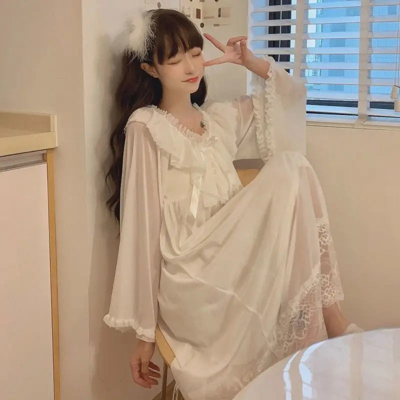 Sexy Lingerie Princess Style Woman Sweet Lace Sleepwear for Sleeping Loose Homewear Pijama White Night Dress Women Nightgowns