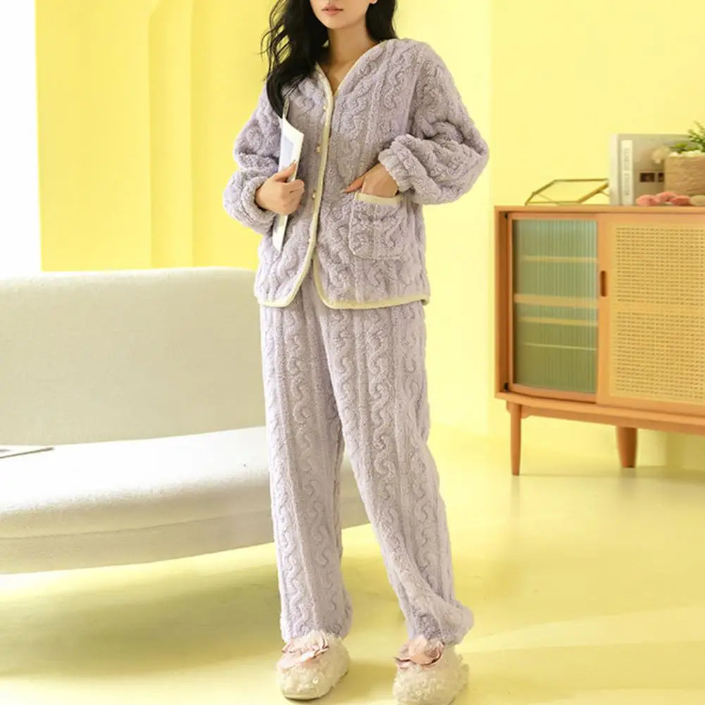 Sleepwear Women Pajamas Set Winter Fleece Velvet 2 Pieces Home Suit Sleep Fluffy Korean Warm Night Wear