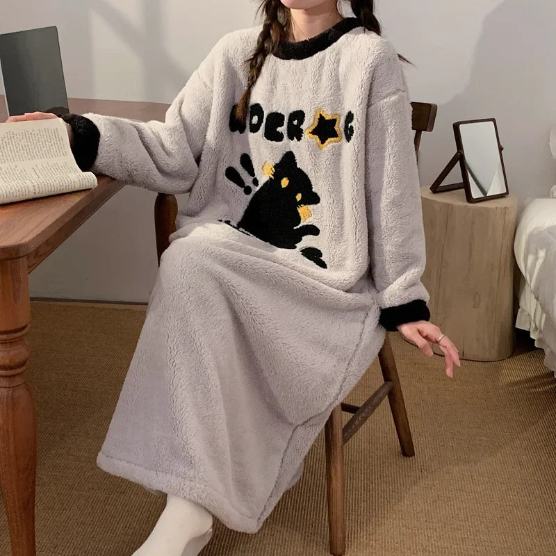 Large Size Coral Fleece Nightdress Women Winter Fleece-lined Thickened Pajamas Cartoon Flannel Home Clothe Can Be Worn Outsides