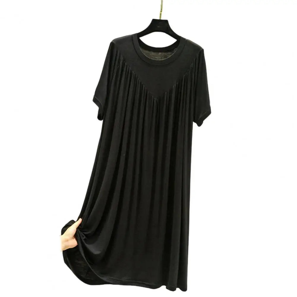 Women Night Dress Pleated Thin Short Sleeves Round Neck Loose Sleeping Solid Color Knee Length Sleepwear Home Dress Women