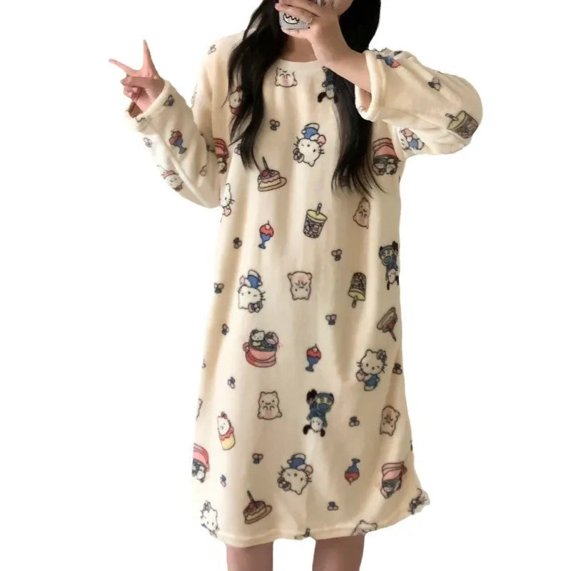 Kawaii Hello Kitty Cartoon Nightgown Girl Medium Long Nightgown Pompom Purins Coral Velvet Cute Pajamas Medium Long Home Clothes