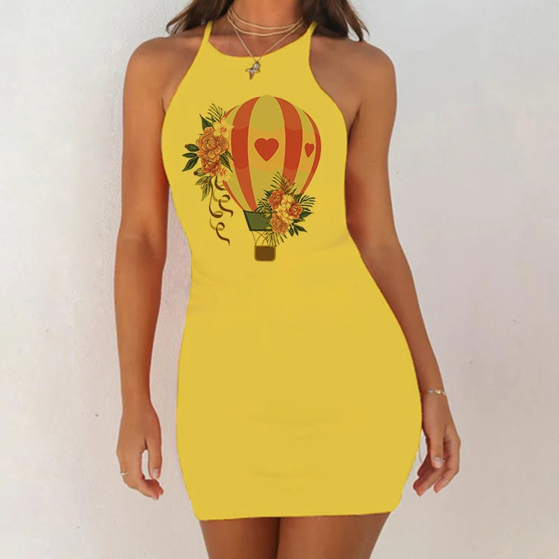 2022 Summer Sexy Night Dress Fashion Hot Air Balloon Bouquet Print Sleepshirt Nightwear Casual Women Sleeveless O-neck Nightie