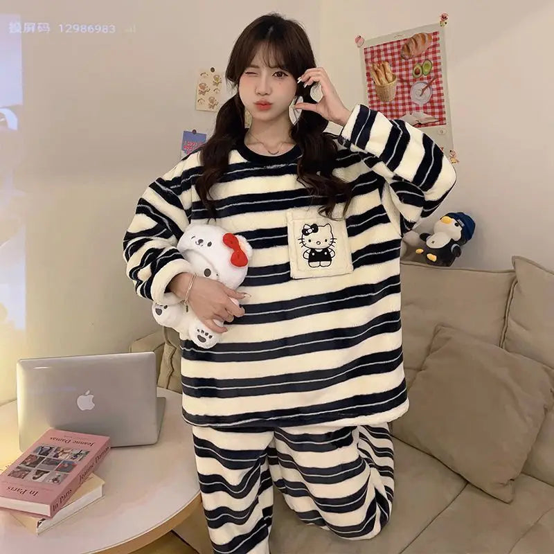 Kawaii Hello Kitty Striped Pajamas Girls Thickened Long-Sleeved Tops Pants Coral Velvet Cute Loose Pajamas Casual Home Wear Set