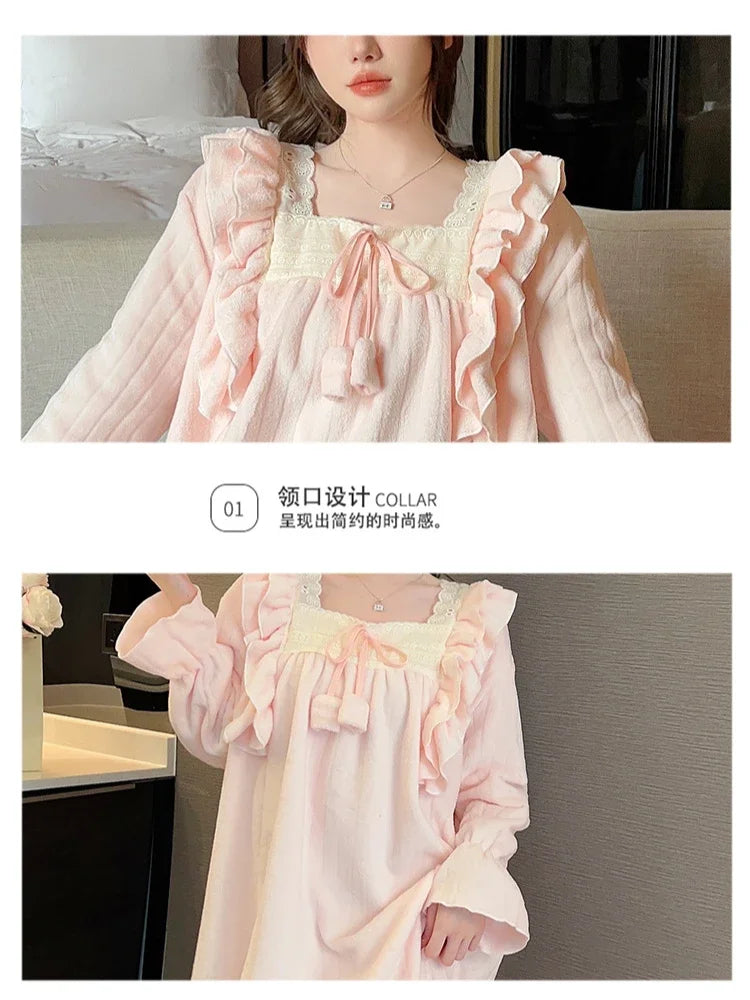 Winter Warm Sleepwear Princess Style Women's Flannel Nightgown Homewear Soft Coral Velvet Court Pajama Solid Loose Sleep Dress