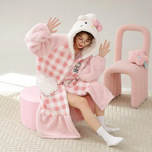 Kawaii Hello Kitty Hooded Pajamas Pajamas Girls Autumn Winter Long-Sleeved Tops Sanrio Thickened Bathrobe Casual Home Wear Set