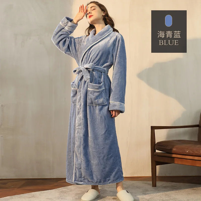 Night Dress Women Bathrobe Flannel Robe Women's Winter Lengthened Coralline Plush Shawl Bathrobe Long Sleeved Warm Bath Robe Men