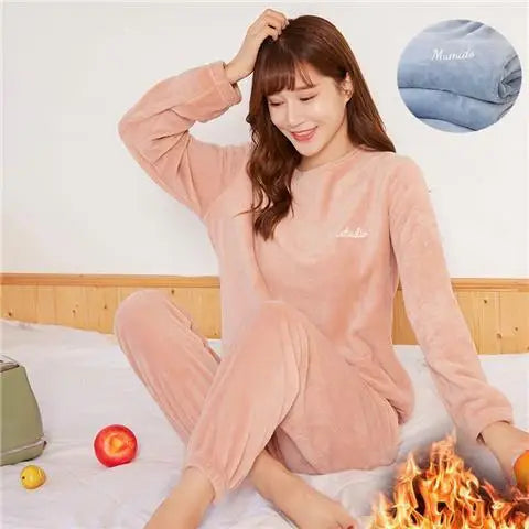 2022 Winter Pyjamas Warm Flannel Women Thick Leisure Wear Simplicit Coral Velvet Long Sleeve Solid Sleepwear Pajamas Set