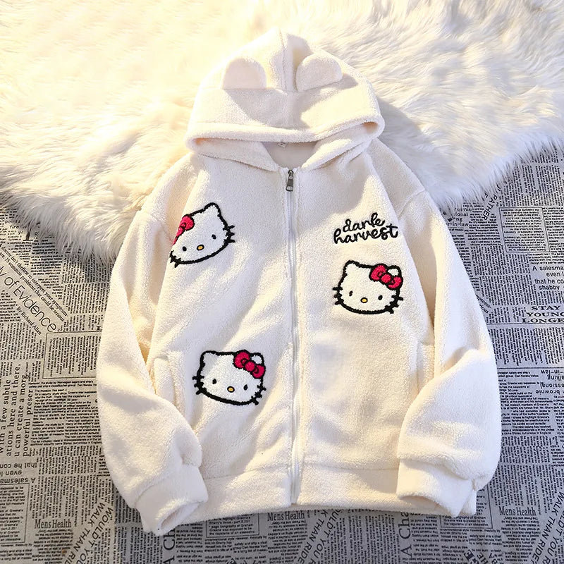 Hot Kawaii Sanrio Hellokitty Hooded Zipper Cardigan Girls Sweatshirt Autumn Winter Thickened Warm Cute Cartoon Loose Casual Tops