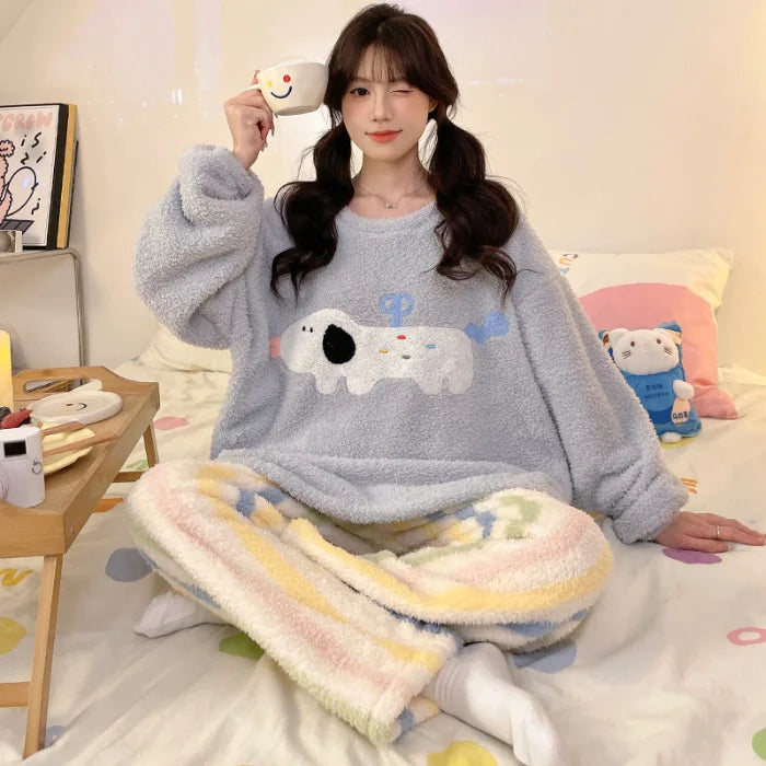 Kawaii Hello Kitty Pajama Suit Long-Sleeved Warm Tops Girl Sweet Pants Thickened Cute Round Neck Pullover Casual Home Wear Suit