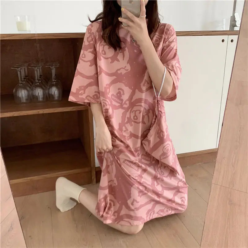 Plus Oversize Women Pajamas Dress Female Loose Cartoon Print Long Sleep Shirt Girls Thin Summer Home Clothing Can Be Wear Out