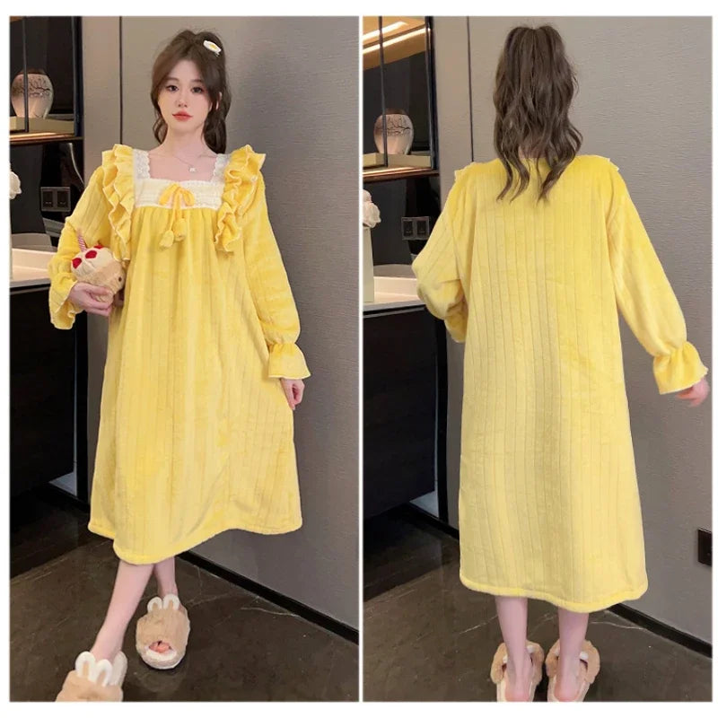 Winter Warm Sleepwear Princess Style Women's Flannel Nightgown Homewear Soft Coral Velvet Court Pajama Solid Loose Sleep Dress