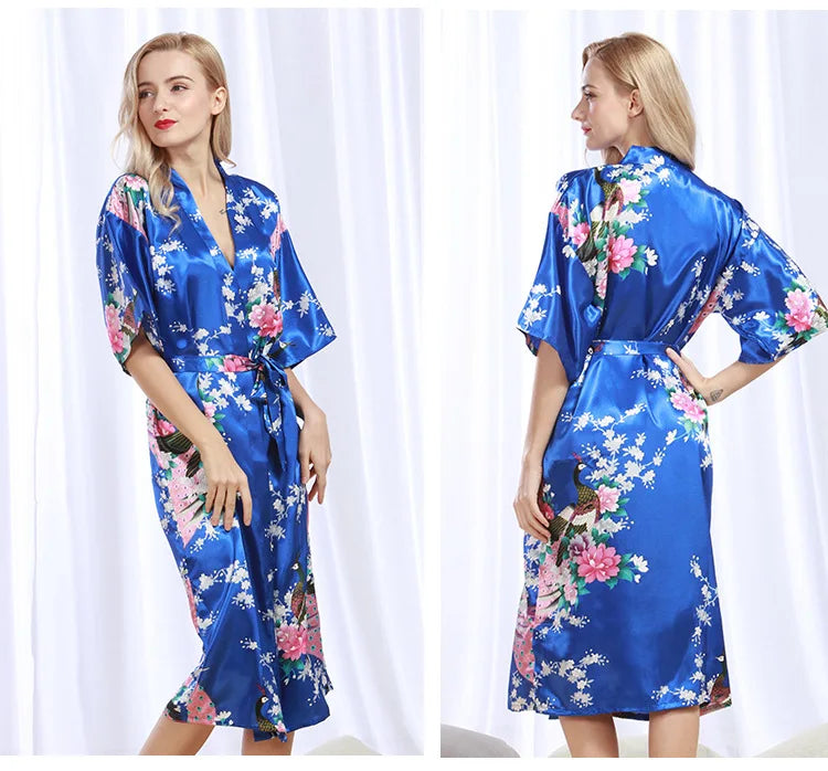 Womens Silk Satin Kimono Robes Long Sleepwear Dressing Gown Floral Peacock Printed Pattern Party Wedding Bridesmaid Bathrobe