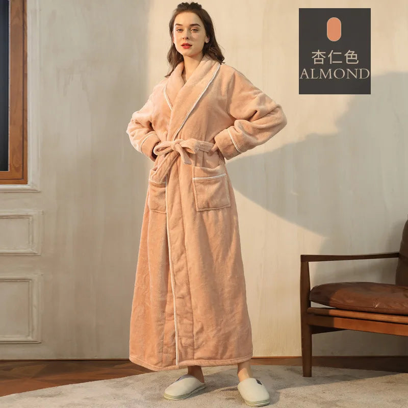 Night Dress Women Bathrobe Flannel Robe Women's Winter Lengthened Coralline Plush Shawl Bathrobe Long Sleeved Warm Bath Robe Men