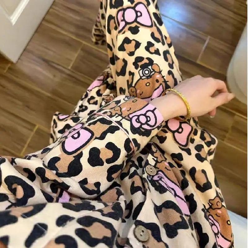 Hot Kawaii Hello Kitty Sweet Leopard Print Pajamas Pajamas Sweet Girls Long Sleeve Cute Tops Ins Pants Casual Home Wear Set