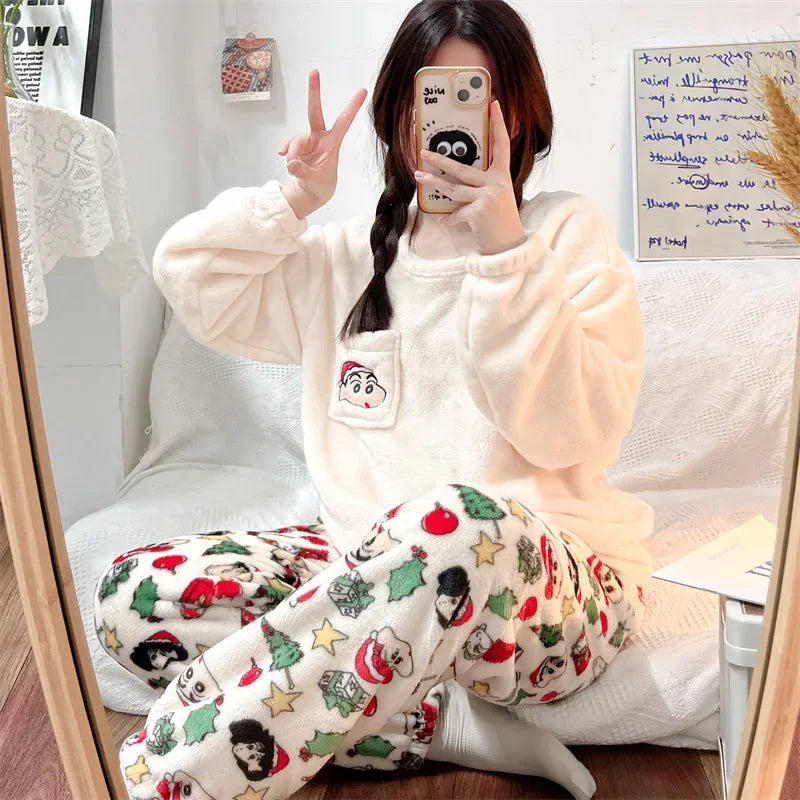 Hot Kawaii Hellokitty Autumn Winter Pajamas Girl My Melody Long-Sleeved Trousers Sweatshirt Sweet Couple Warm Home Clothes Set