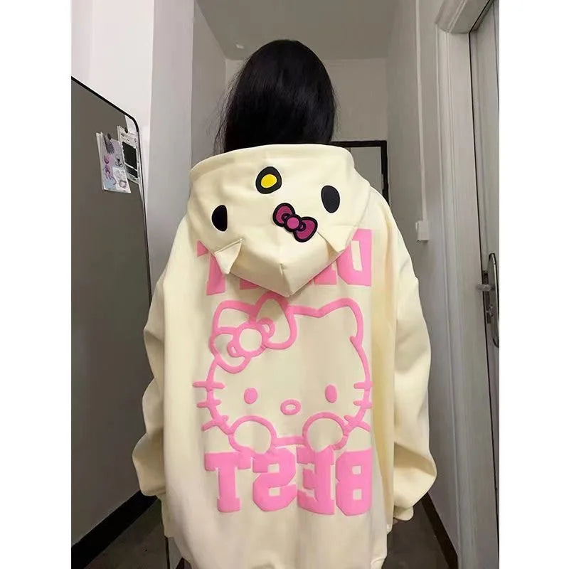 Kawaii Sanrio Hellokitty Hooded Sweatshirt Cute Girl Cardigan Sweet Coat Couple Windbreaker Loose Casual Cardigan All-Match Coat